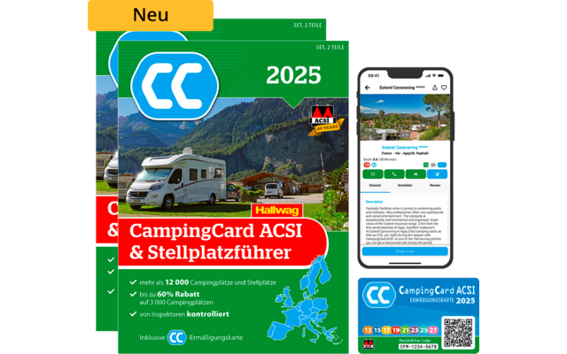 Couverture de CampingCard ACSI 2025 avec un camping-car sur une route de campagne devant des montagnes, à côté d'un smartphone affichant l'application CampingCard ACSI et une petite carte
