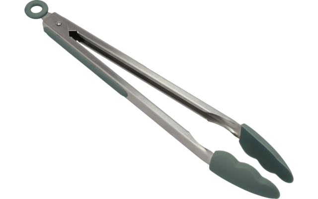 Pinza da cucina con punte in silicone verde su sfondo bianco