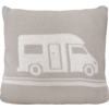 Beige kussen met wit gebreid motief van een camper