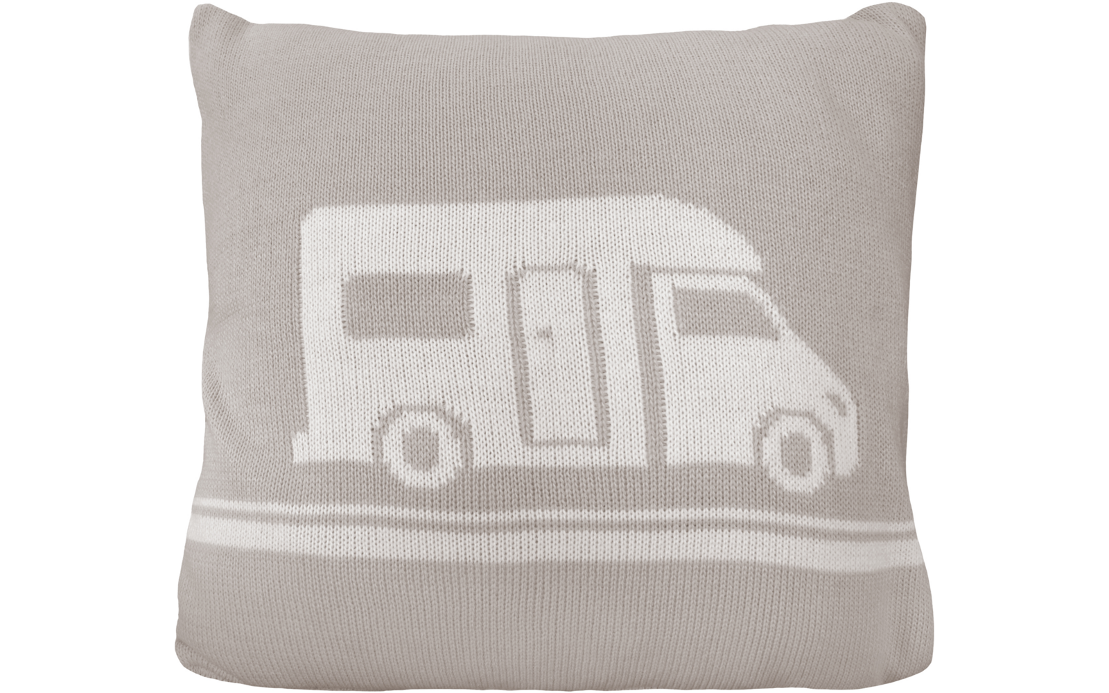 Beige kussen met wit gebreid motief van een camper