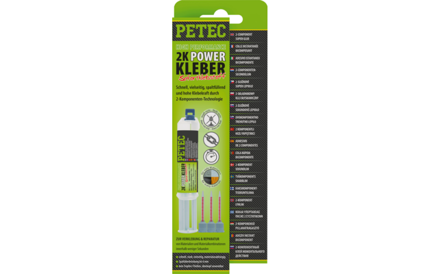 Grüne Produktverpackung mit PETEC-Logo, Schriftzug "2K POWER KLEBER", einer Zweikomponenten-Spritze (zwei verbundenen Kartuschen) und mehreren Piktogrammen