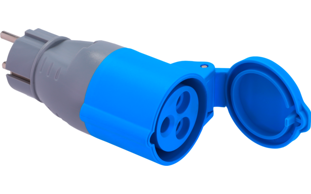 Blauer und grauer runder Steckverbinder mit drei kreisförmigen Kontaktöffnungen und geöffnetem Klappdeckel