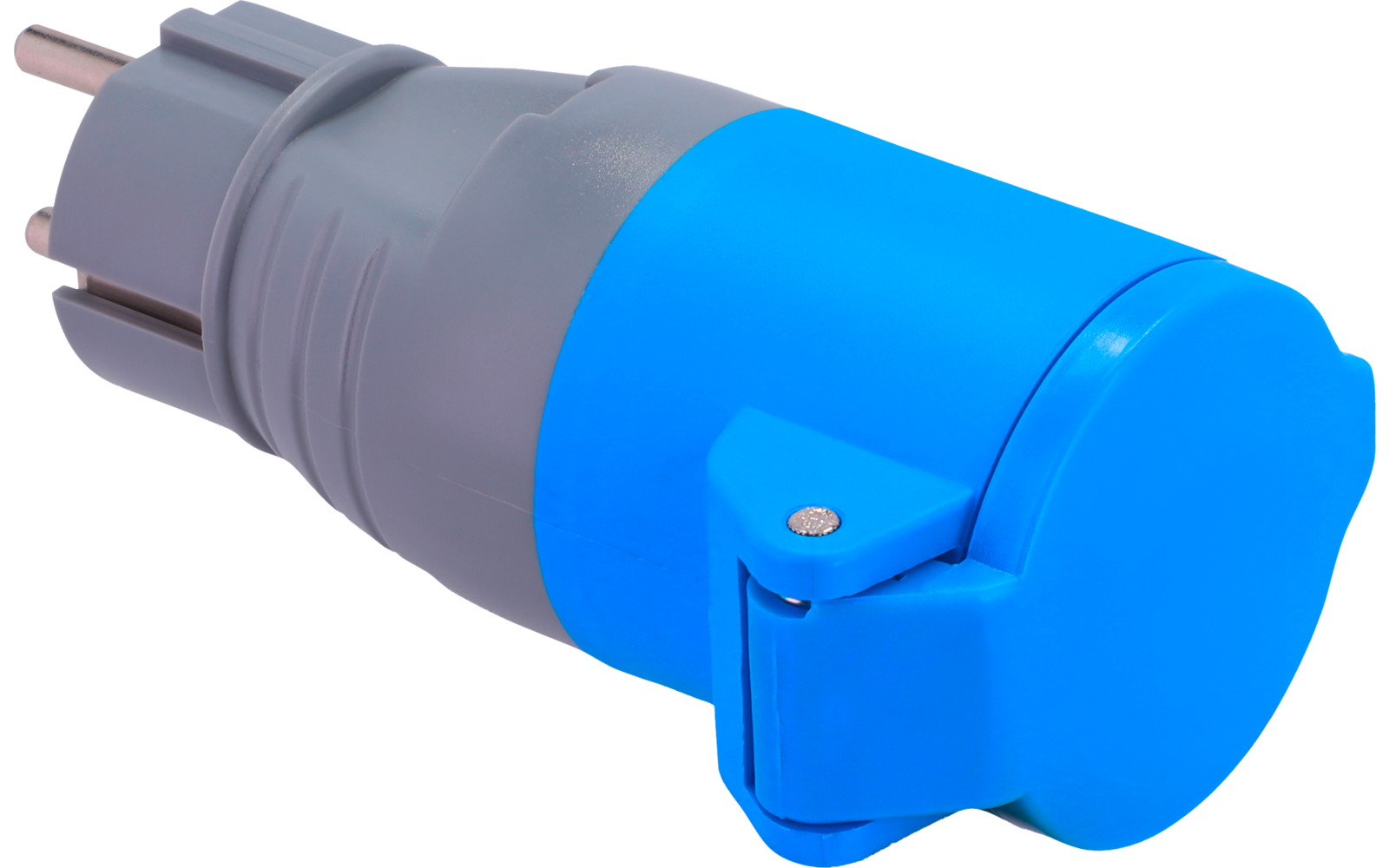 Blaues Kunststoffgehäuse mit rundem Klappdeckel an einem grauen Steckverbinder mit sichtbaren Metallstiften