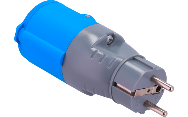 Blauer und grauer elektrischer Stecker mit zwei runden Metallstiften und Kunststoffgehäuse