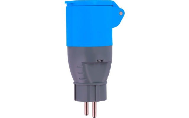 Blaues und graues Steckergehäuse mit zwei runden Metallstiften vor weißem Hintergrund