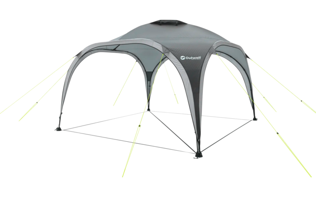 Graues Pavillon-Zelt mit vier Stützbeinen und gelben Abspannleinen auf weißem Hintergrund