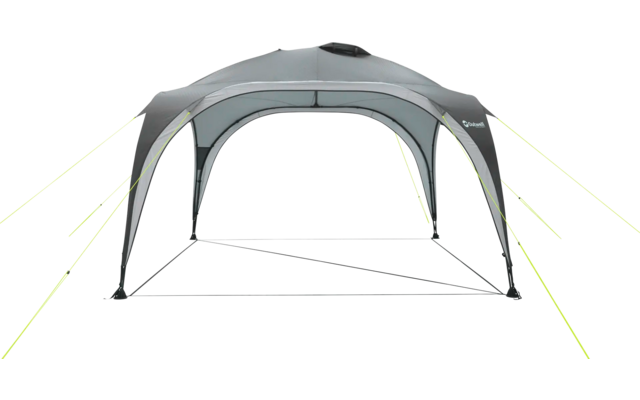 Schwarzes Pop-up-Zelt mit offenen Seiten und grünem Abspannseil