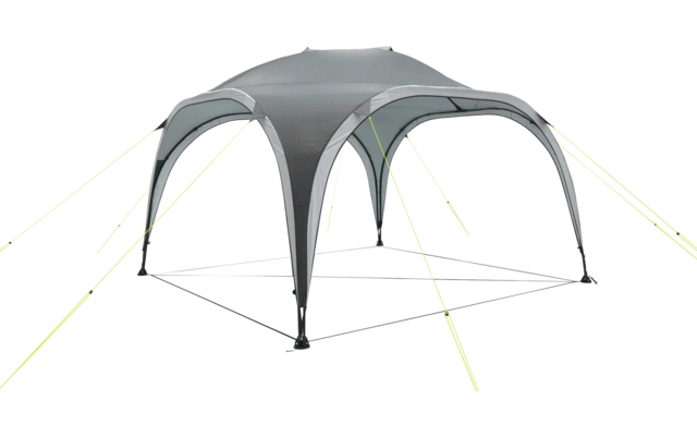 Grauer Faltpavillon mit vier Bögen und gelben Spannseilen auf weißem Hintergrund