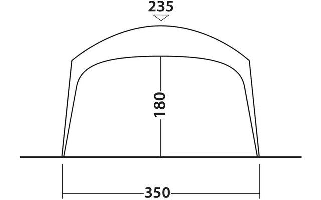 Technische Zeichnung eines Zeltes mit den Maßen 350 cm Breite und 180 cm Höhe