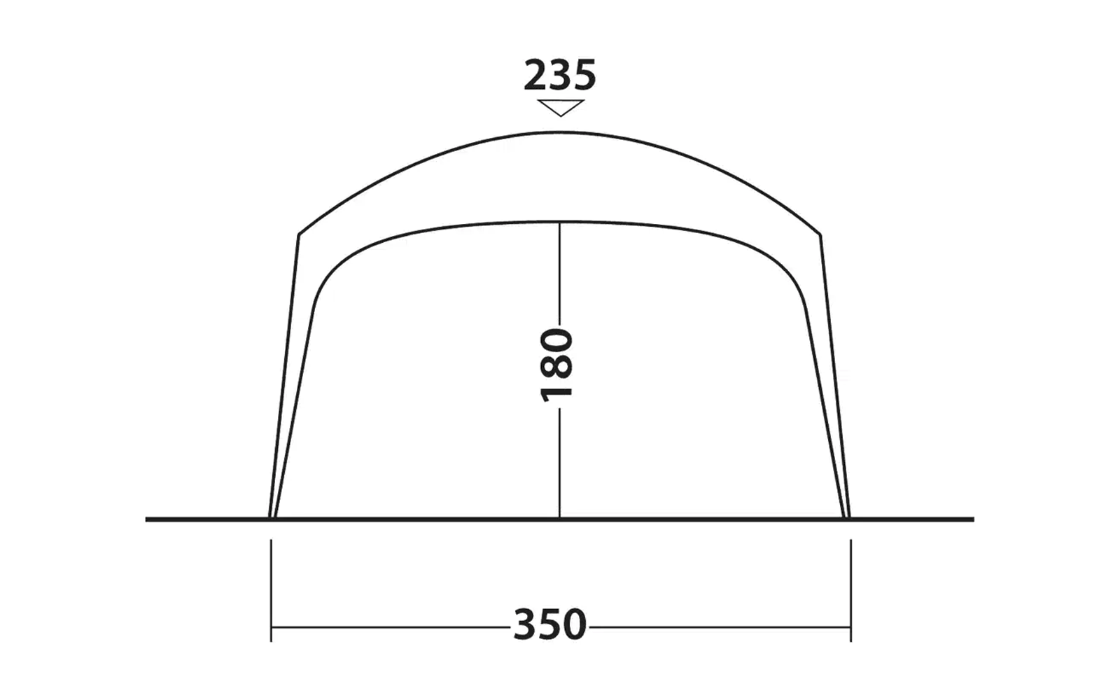 Technische Zeichnung eines Zeltes mit den Maßen 350 cm Breite und 180 cm Höhe