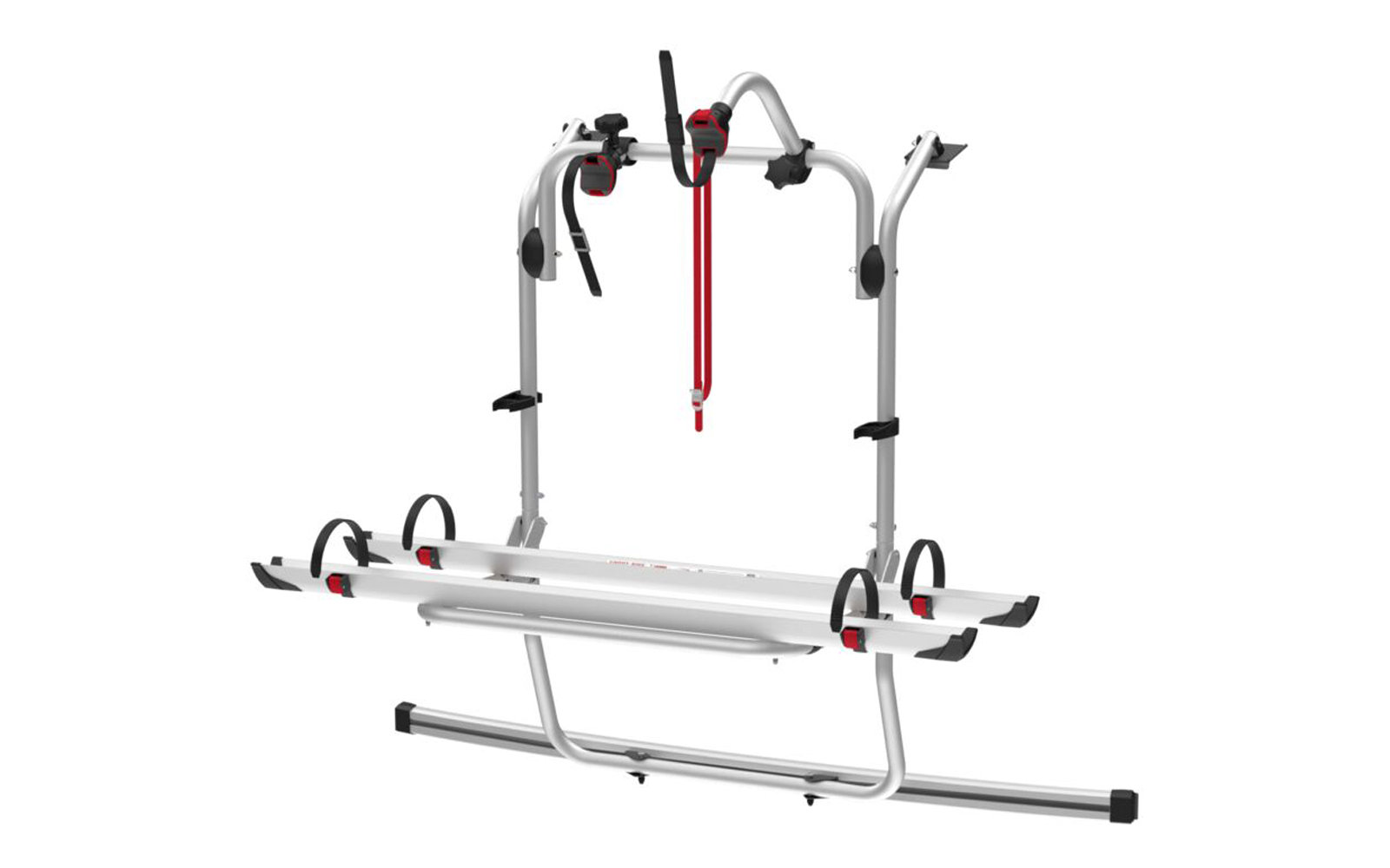 silberner Fahrradträger auf weißem Hintergrund mit zwei horizontalen Schienen, zwei aufrechten Bögen, schwarzen Halteklammern und roten Gurten