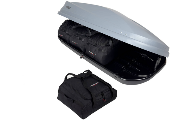 Geöffnete silbergraue Dachbox mit schwarzem Innenraum, mehrere schwarze Reisetaschen darin, eine schwarze Tasche vor der Box auf weißem Hintergrund