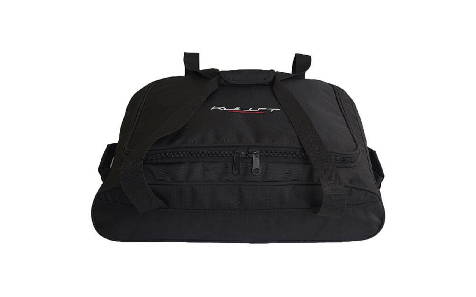 Schwarze Reisetasche mit zwei Tragegriffen, Schulterriemen, Reißverschluss und kleinem weiß-rotem Logo auf der Oberseite