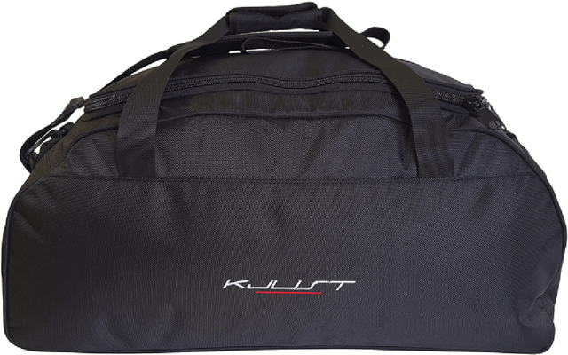 Schwarze Reisetasche mit zwei Tragegriffen, Reißverschlüssen und weiß-rotem Logo vorne