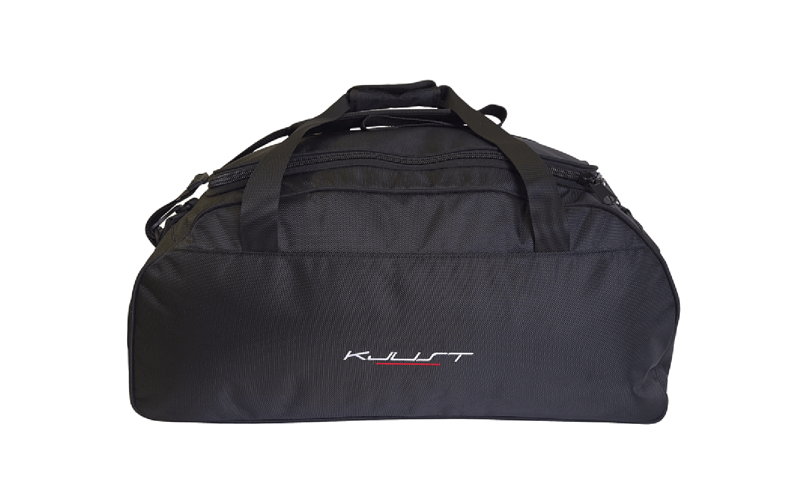 Schwarze Reisetasche mit zwei Tragegriffen, Reißverschlüssen und weiß-rotem Logo vorne