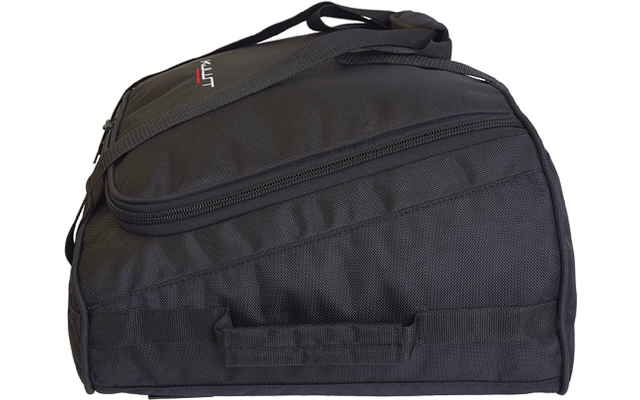 Schwarze Stofftasche mit Reißverschluss, Tragegriff und kleinem rot-weißem Logo