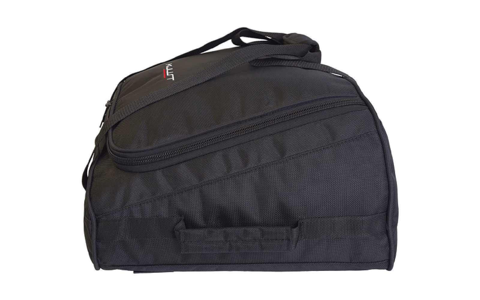 Schwarze Stofftasche mit Reißverschluss, Tragegriff und kleinem rot-weißem Logo