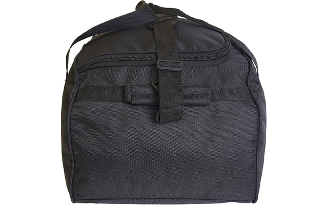 Schwarze, rechteckige Stofftasche, Frontalaufnahme; sichtbarer oberer Reißverschluss, Tragegurt und vordere Schnalle