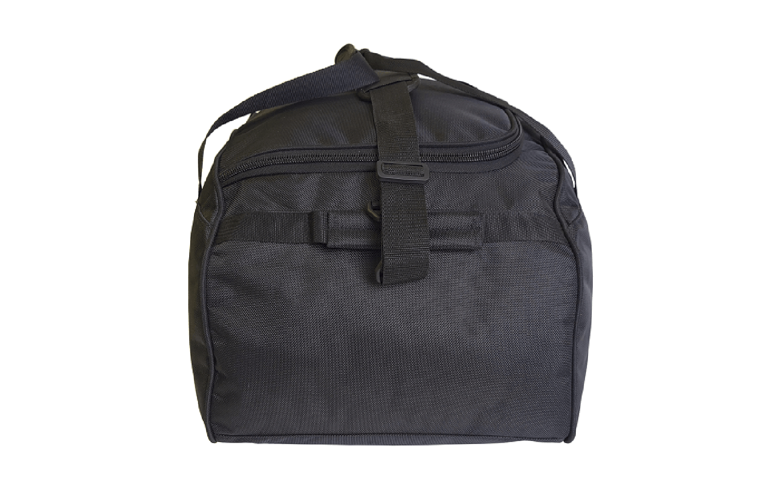 Schwarze, rechteckige Stofftasche, Frontalaufnahme; sichtbarer oberer Reißverschluss, Tragegurt und vordere Schnalle