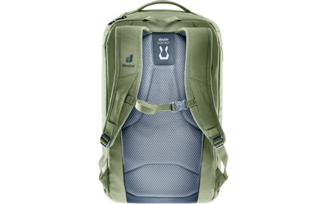 Hellgrüner Rucksackrücken mit gepolsterten Schultergurten, Brustgurt, Netzrückenpolster, Tragegriff und Markenlogo "deuter"