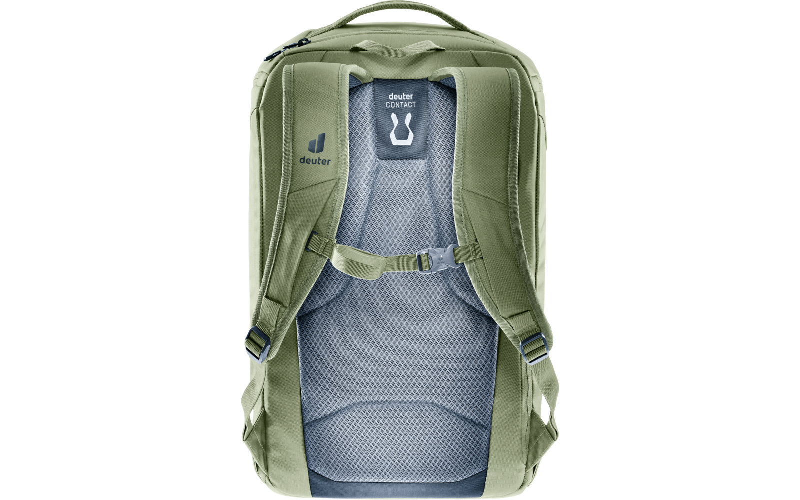 Hellgrüner Rucksackrücken mit gepolsterten Schultergurten, Brustgurt, Netzrückenpolster, Tragegriff und Markenlogo "deuter"