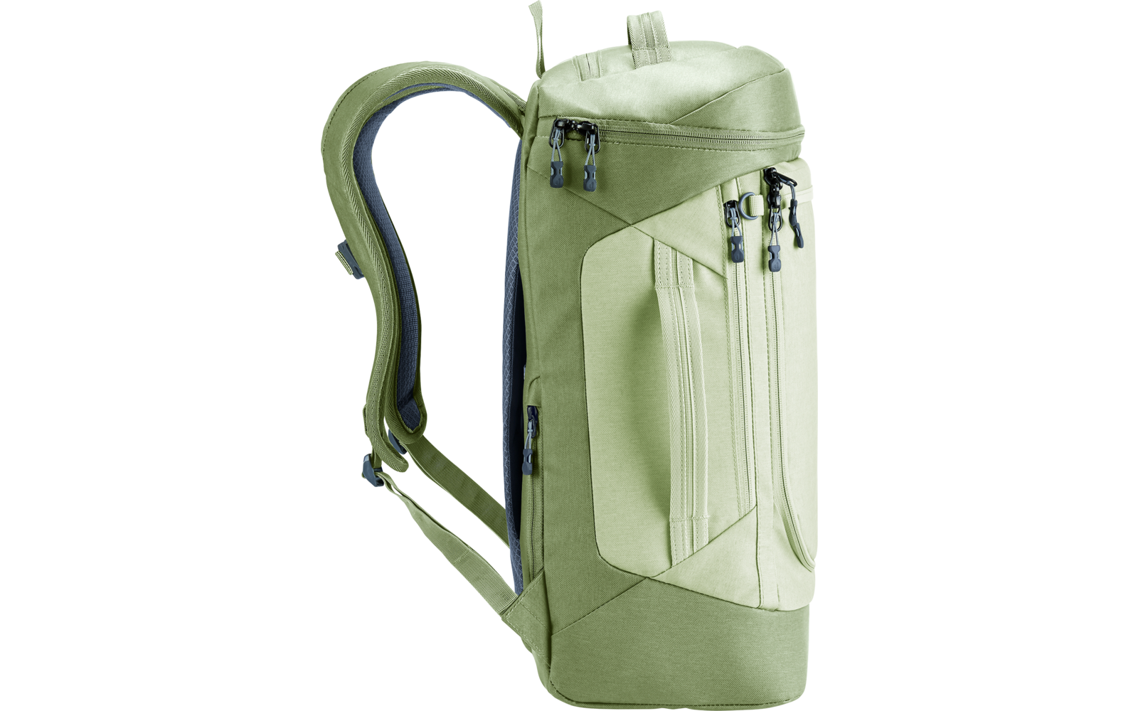 Hellgrüner schmaler Rucksack mit mehreren Reißverschlüssen, gepolsterten Schultergurten und Tragegriff, Seitenansicht