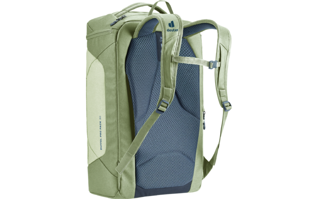 Hellgrüner Rucksack mit gepolsterter graublauer Netzrückenfläche, verstellbaren Schulterriemen, Brustgurt, sichtbaren Reißverschlüssen und 'deuter'-Logo