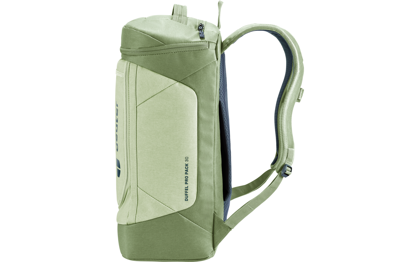 Hellgrüner Rucksack mit zwei Schulterriemen, seitlichem Reißverschluss, dunkler Rückenpolsterung und Schriftzug 'DUFFEL PACK 30' an der Seite