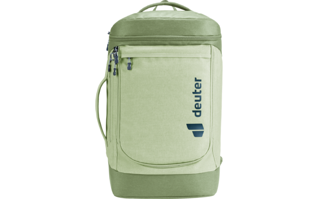 Hellgrüner Rucksack mit Vordertasche mit Reißverschluss, oberem Tragegriff und blauem deuter-Logo auf der Vorderseite