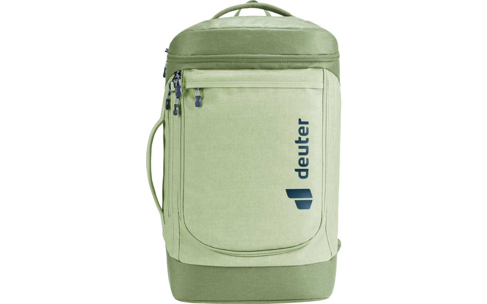 Hellgrüner Rucksack mit Vordertasche mit Reißverschluss, oberem Tragegriff und blauem deuter-Logo auf der Vorderseite