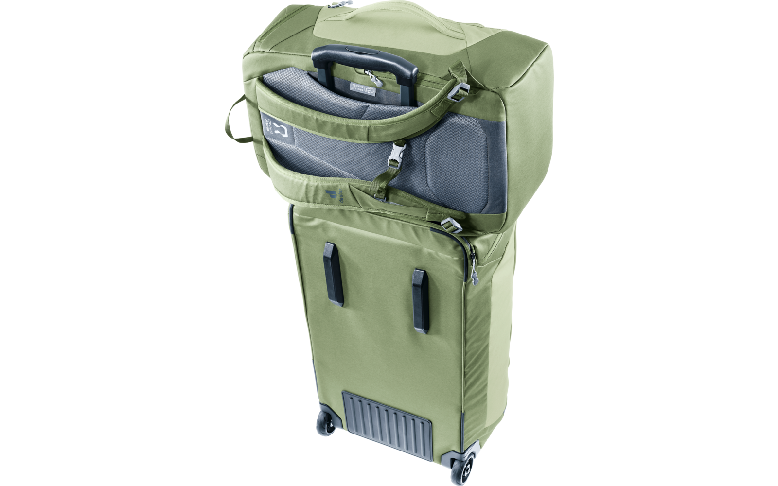 Grüner Rollkoffer mit zwei Rollen, ausgezogenem Teleskopgriff und offenem Vorderfach mit sichtbarer grauer Polsterung