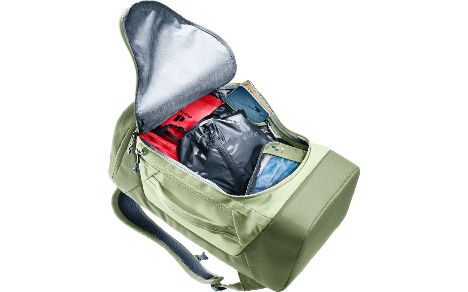 Offener hellgrüner Rucksack mit silberner Innenklappe; darin rote, schwarze und blaue Taschen sowie Kleidung