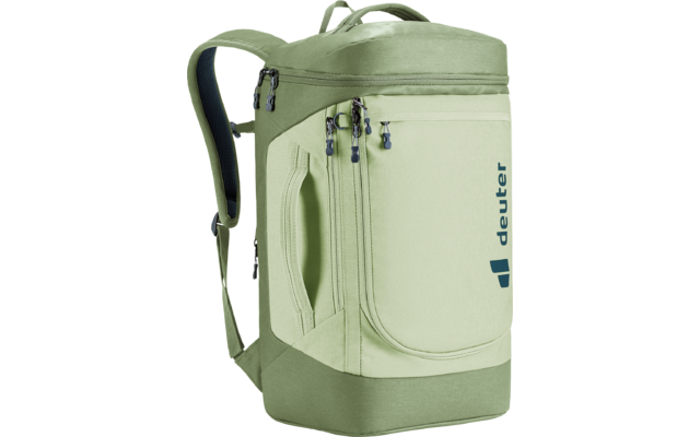 Hellgrüner Rucksack mit zwei Schultergurten, Tragegriff oben, mehreren Reißverschlusstaschen vorn und dem Schriftzug 'deuter' an der Seite