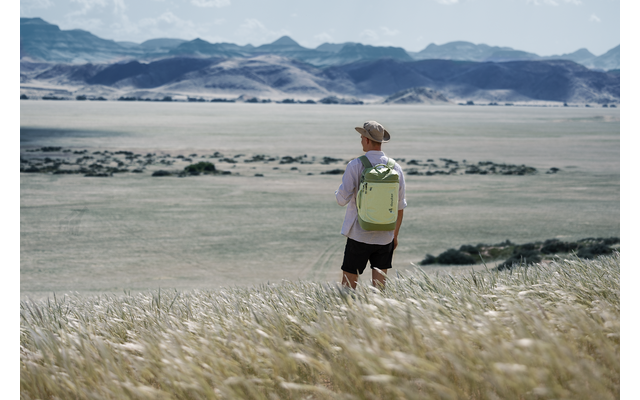 Person mit hellgrünem Rucksack und Kappe, mit dem Rücken zur Kamera, steht im hohen Gras vor einer weiten Ebene und fernen Bergen