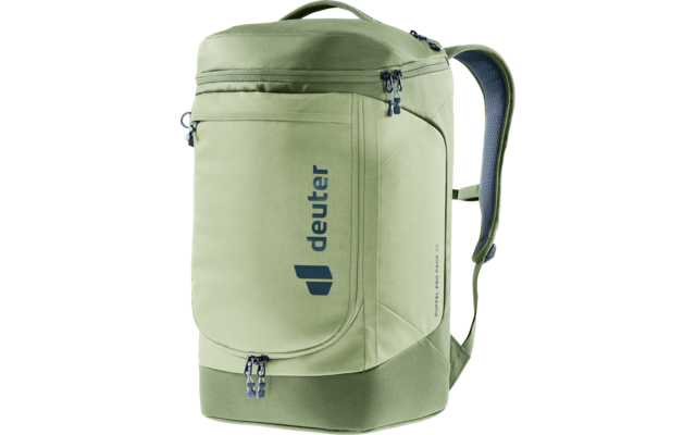 Hellgrüner, rechteckiger Rucksack mit dunkelblauem "deuter"-Logo, Tragegriff, Reißverschlüssen und gepolsterten Schultergurten