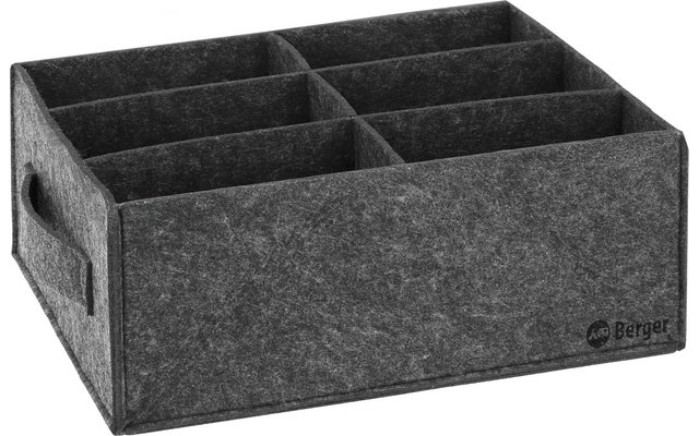 Rechteckige dunkelgraue Filzbox mit neun Fächern, Trennwänden, seitlichen Tragegriffen und kleinem Logo unten rechts
