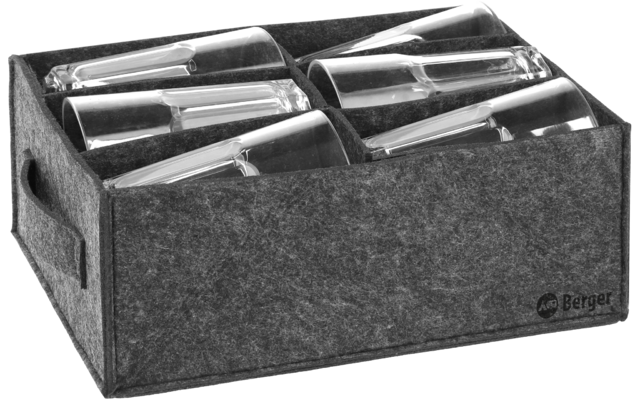 Graue Filzbox mit sechs Fächern, in jedem Fach ein durchsichtiges Glas in Plastikhülle, seitliche Tragegriffe, kleines Logo vorne rechts