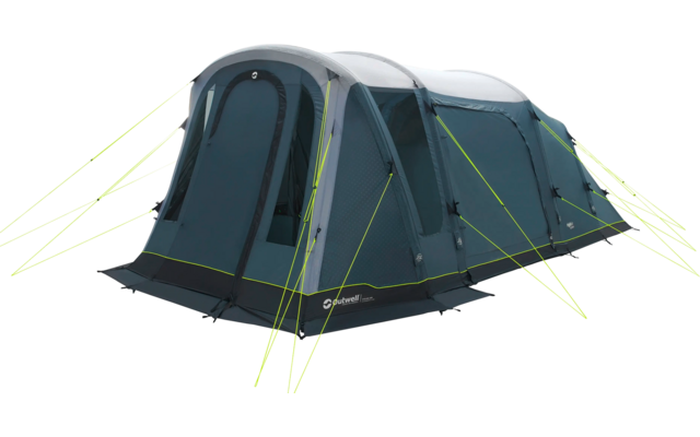 Großes graues und blaues Campingzelt mit vier Eingängen und leuchtend gelben Abspannleinen