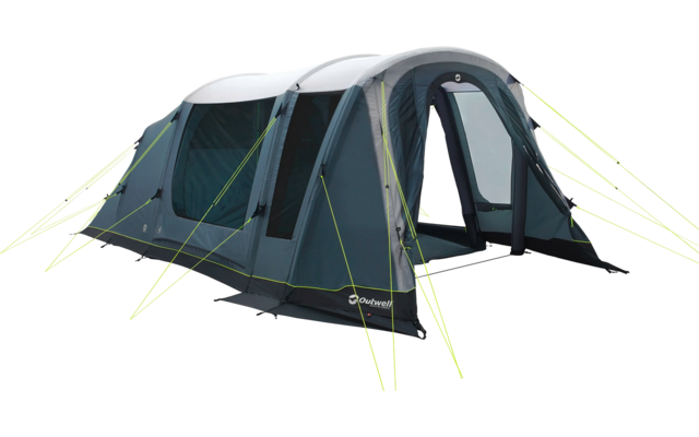Aufblasbares Familienzelt in grün und grau, auf einer Wiese aufgebaut