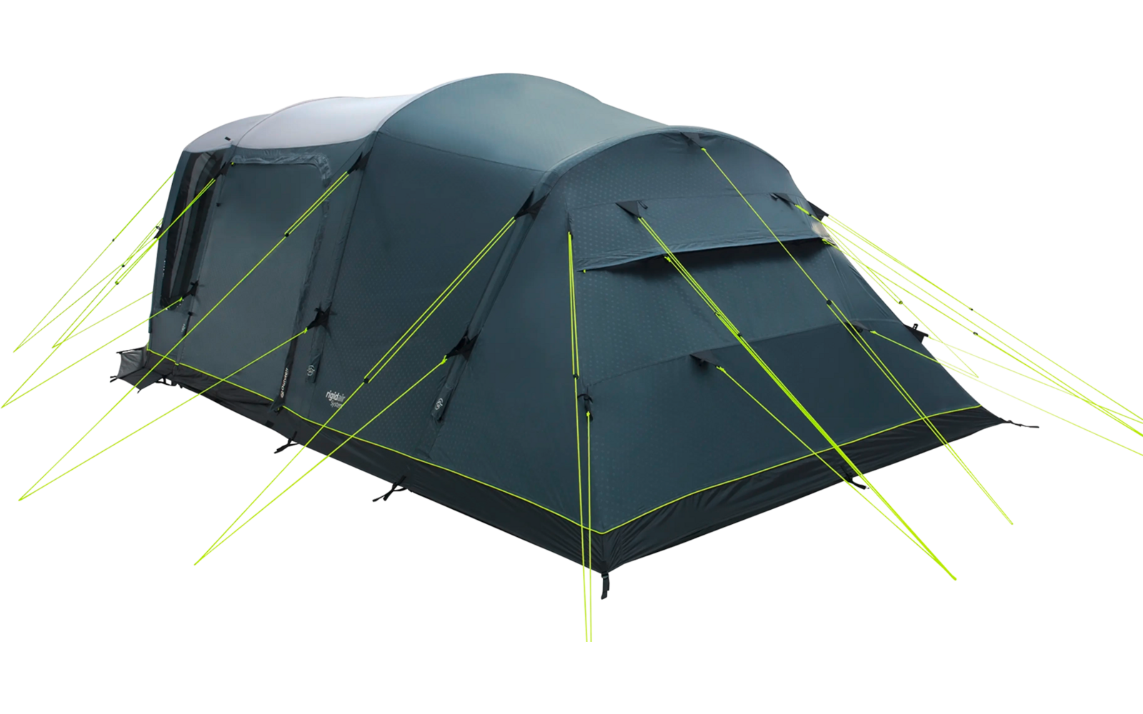 Dunkelgrünes Campingzelt mit sechs roten Abspannleinen auf weißem Hintergrund