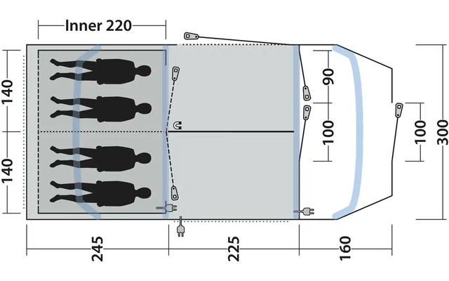 Technische Zeichnung eines Fahrzeugs mit Maßen in Millimetern, seitliche Ansicht mit sechs verschiedenen Körpergrößen von Menschen dargestellt