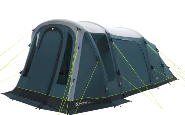 Grande tenda da campeggio grigia e blu con quattro ingressi e corde di sostegno gialle brillanti