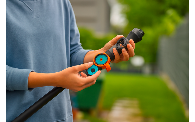 Personne tenant un tuyau d'arrosage avec un raccord orange et bleu dans les mains