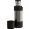 Edelstahl-Thermosflasche mit schwarzen Kunststoffteilen und schwarzem Becher daneben