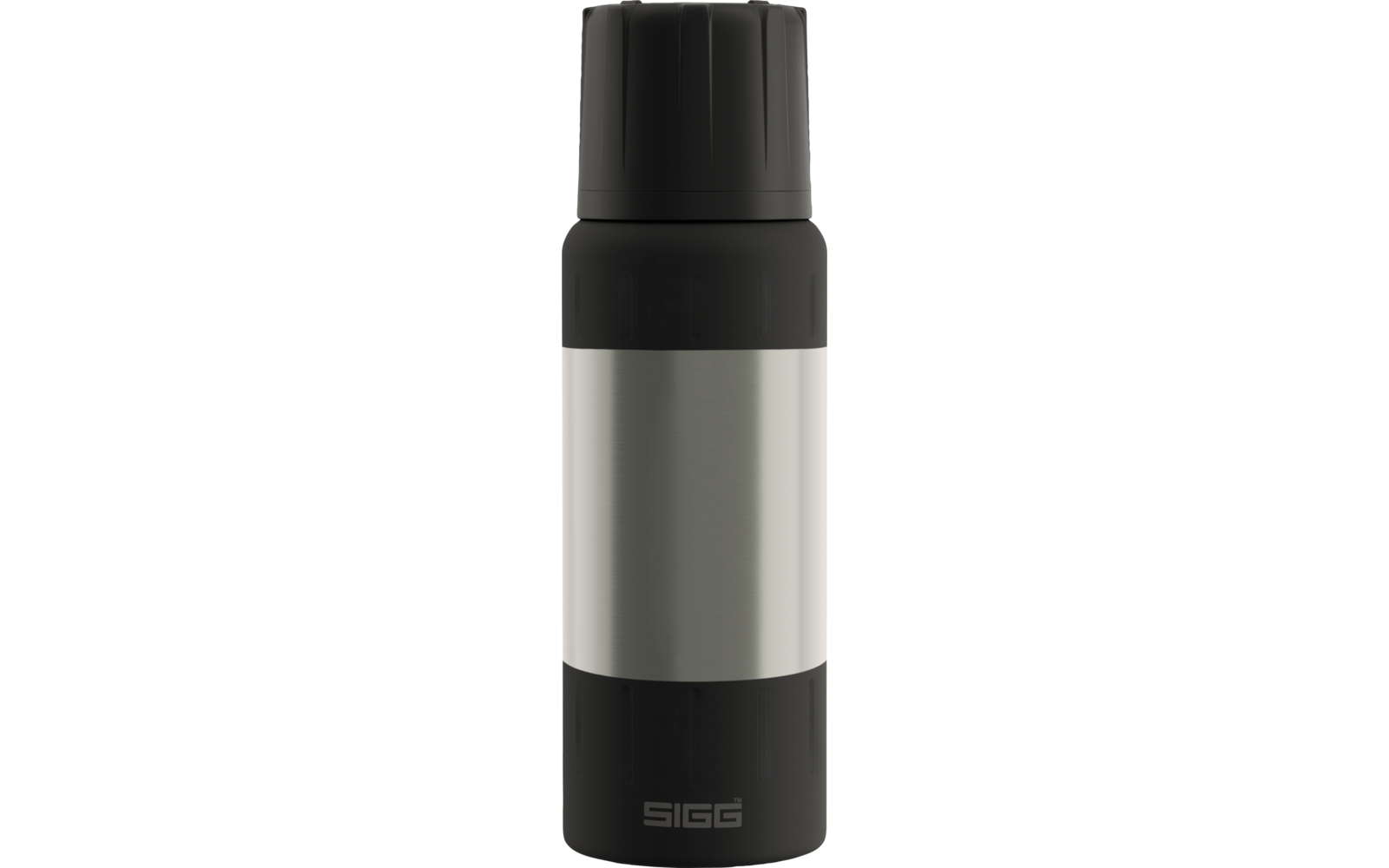 Aufrecht stehende silberne Metallflasche mit schwarzem Schraubverschluss und schwarzem Boden; 'SIGG' auf dem Boden