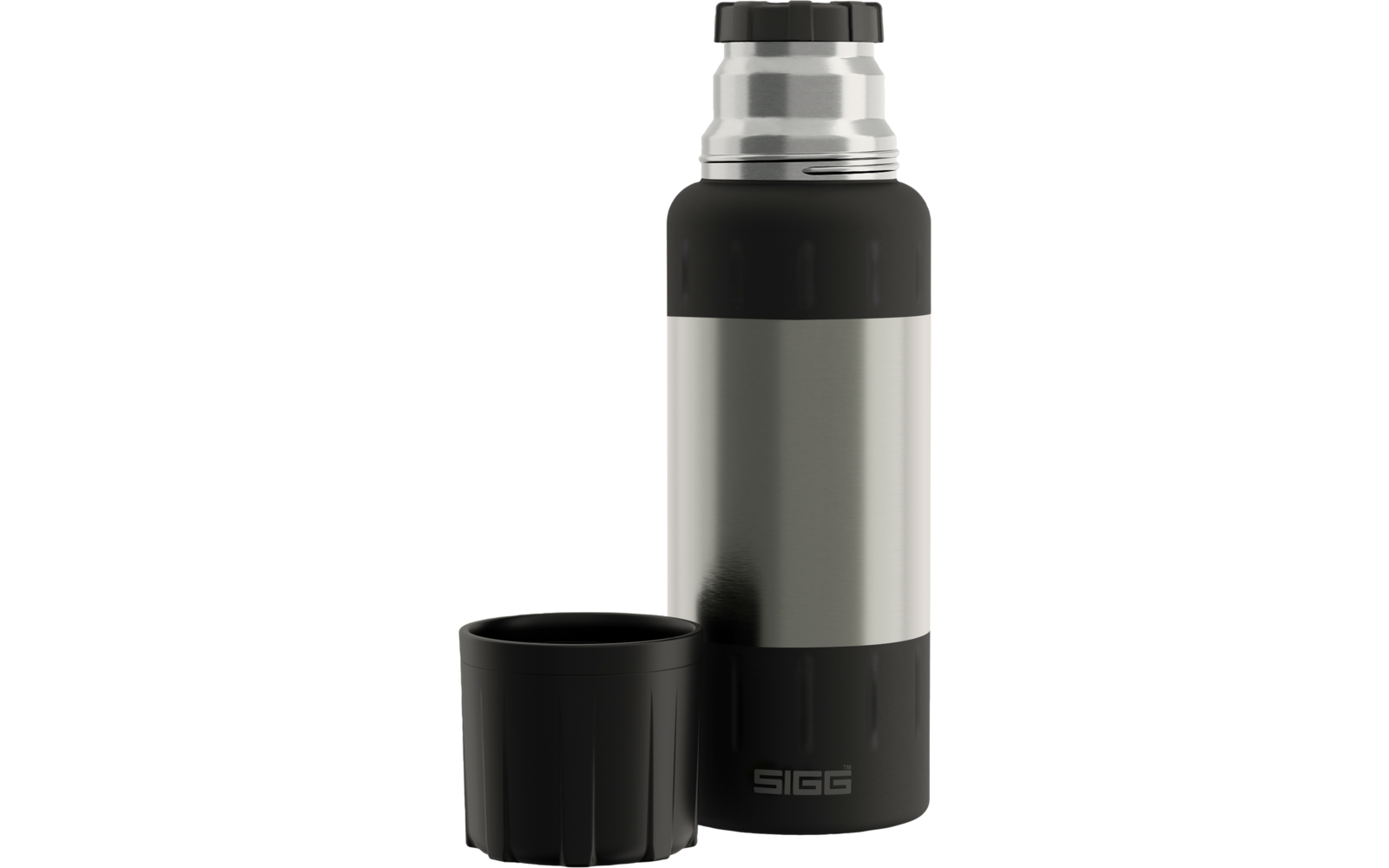 Edelstahl-Thermosflasche mit schwarzen Kunststoffteilen und schwarzem Becher daneben