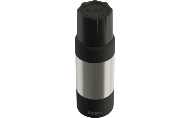 Schwarze und silberne zylindrische Flasche mit Schraubdeckel und sichtbarem Markenlogo 'SIGG' am Boden