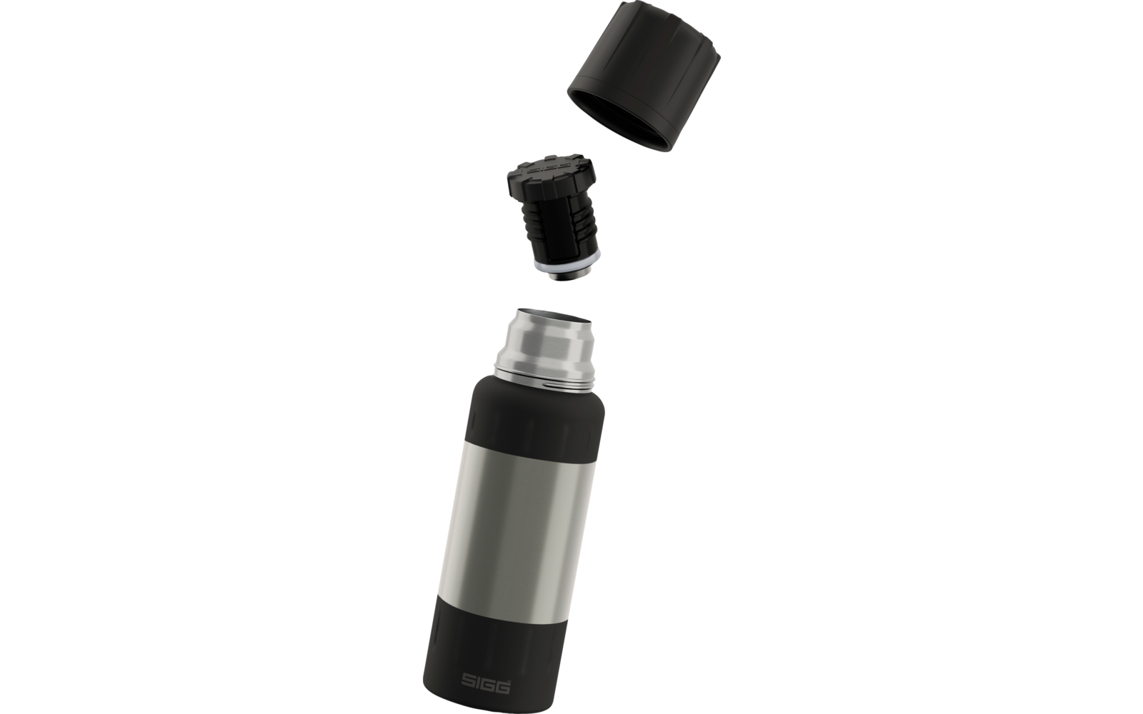 Zerlegte Thermosflasche mit abnehmbarem Deckel, schraubbarem Einsatz und Flaschenkörper