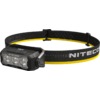 Schwarze und gelbe NITECORE-Stirnlampe mit rechteckigem Lampengehäuse und drei LEDs, elastisches Kopfband mit NITECORE-Schriftzug