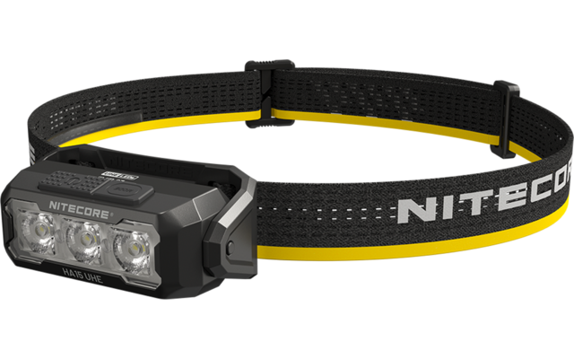 Schwarze und gelbe NITECORE-Stirnlampe mit rechteckigem Lampengehäuse und drei LEDs, elastisches Kopfband mit NITECORE-Schriftzug